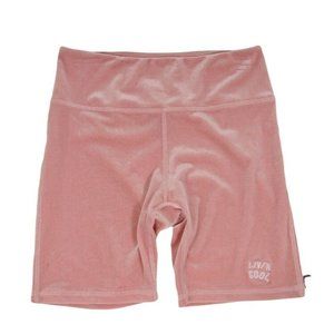 Livin Cool Womens Logo Biker Shorts Size Medium Pink White Velour Stretch Waist
